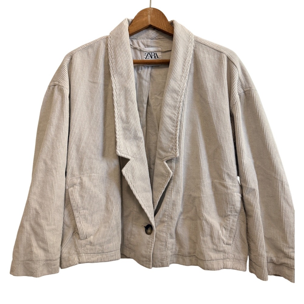 Zara Boxy Corduroy Blazer Womens Small Cream Oversized Button Jacket 100% Cotton